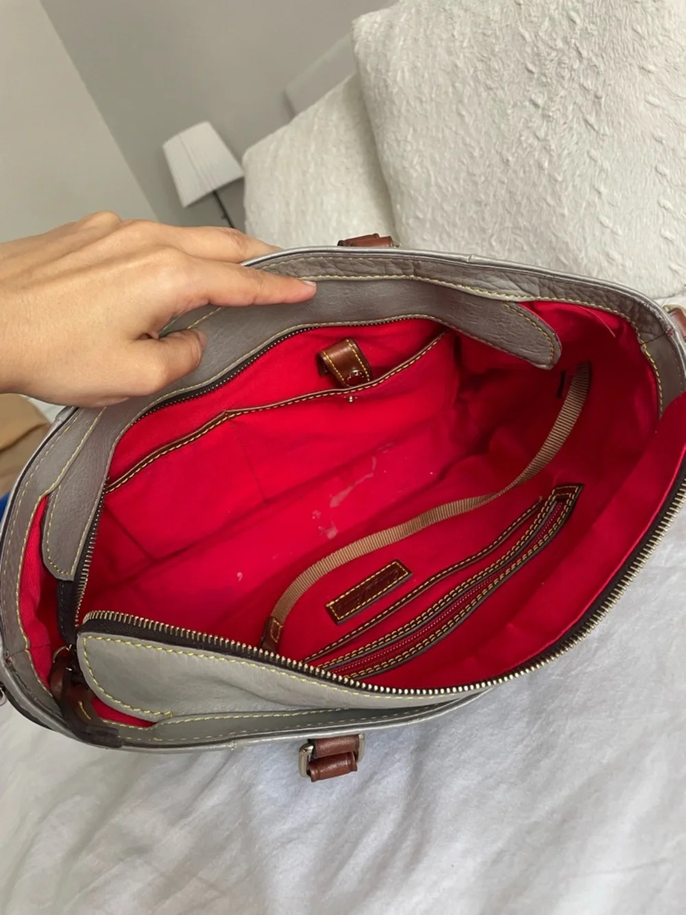 Dooney & Bourke Samba Leather Belted Shopper Satchel Gray Brown Crossbody